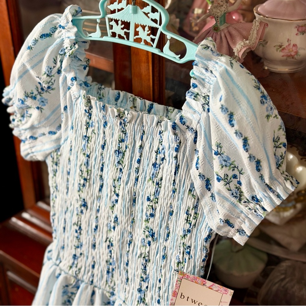 btween White with Light Blue Floral Smocked Puff Sleeve Dress NWT’s - Picture 2 of 9